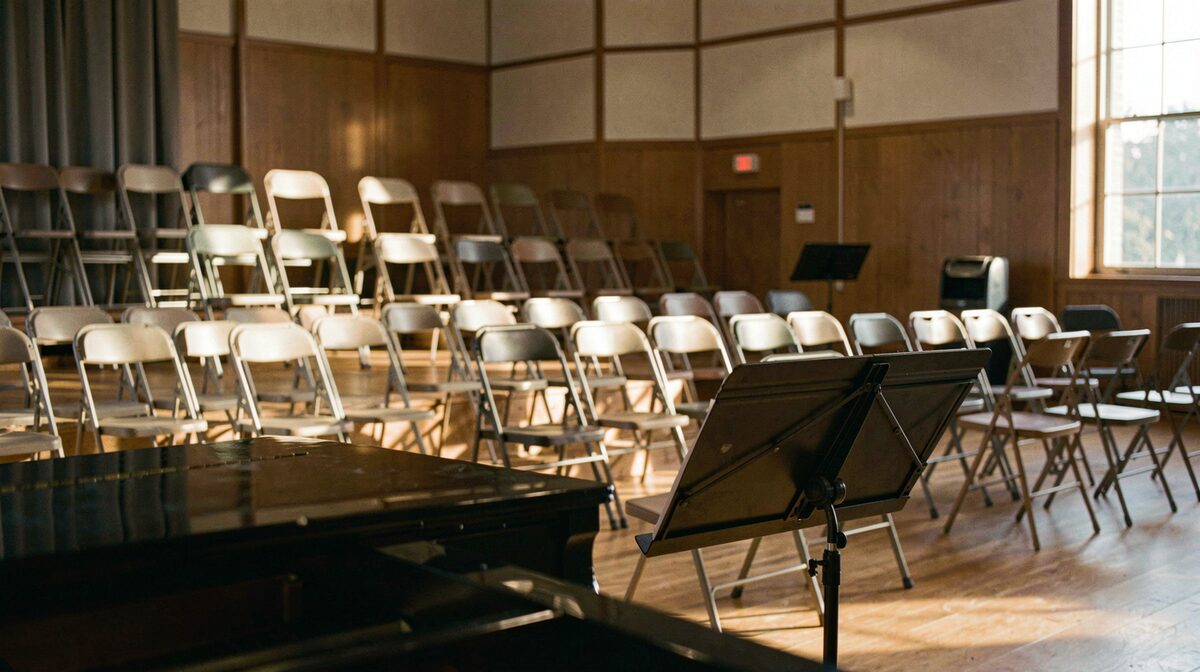 An empty rehearsal hall with stacked folding chairs, a music stand in the foreground and late afternoon light falling across a piano lid, framed as a wide interior shot.